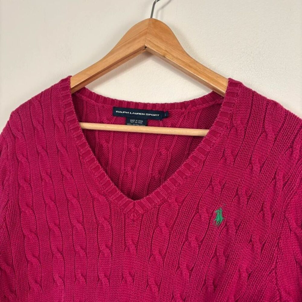 Polo Ralph Lauren Sport Women's Large Pink Cable Knit V-Neck Sweater 100% Cotton